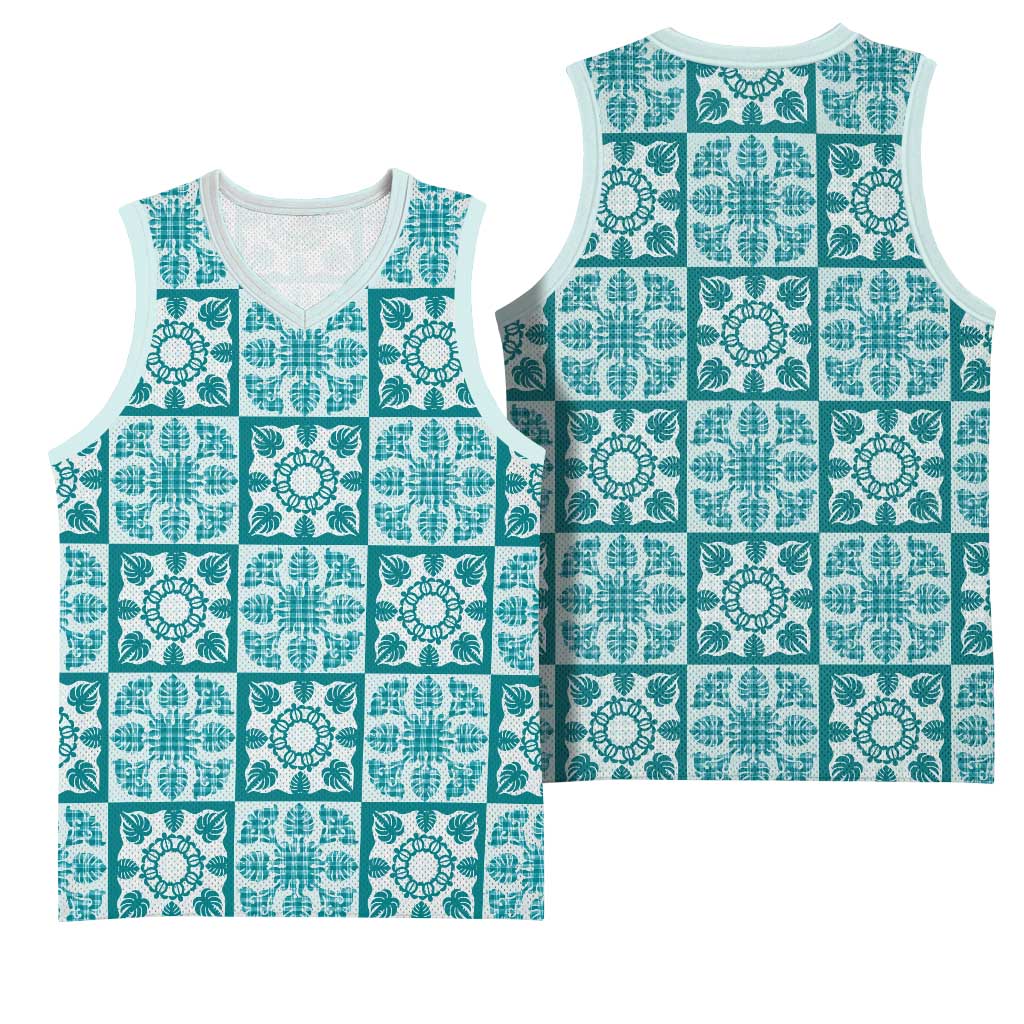 Cyan Palaka Quilt Hawaii Basketball Jersey Hawaiian Tropical Monstera Sea Turtle