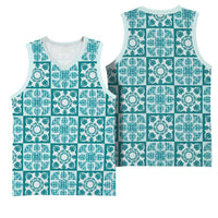 Cyan Palaka Quilt Hawaii Basketball Jersey Hawaiian Tropical Monstera Sea Turtle