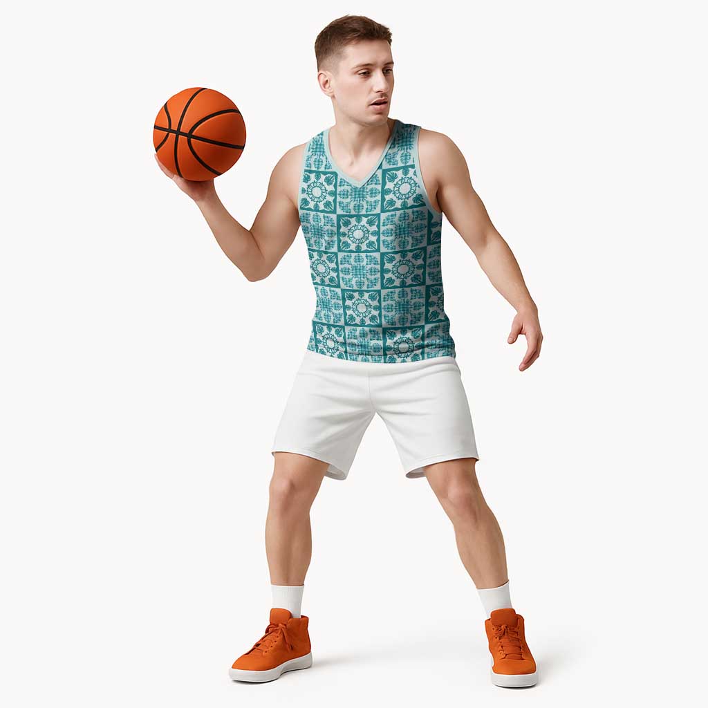 Cyan Palaka Quilt Hawaii Basketball Jersey Hawaiian Tropical Monstera Sea Turtle