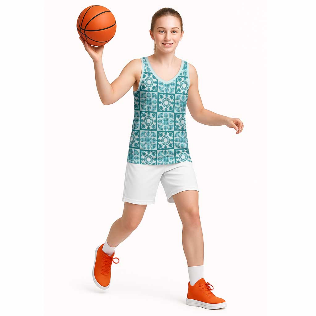 Cyan Palaka Quilt Hawaii Basketball Jersey Hawaiian Tropical Monstera Sea Turtle