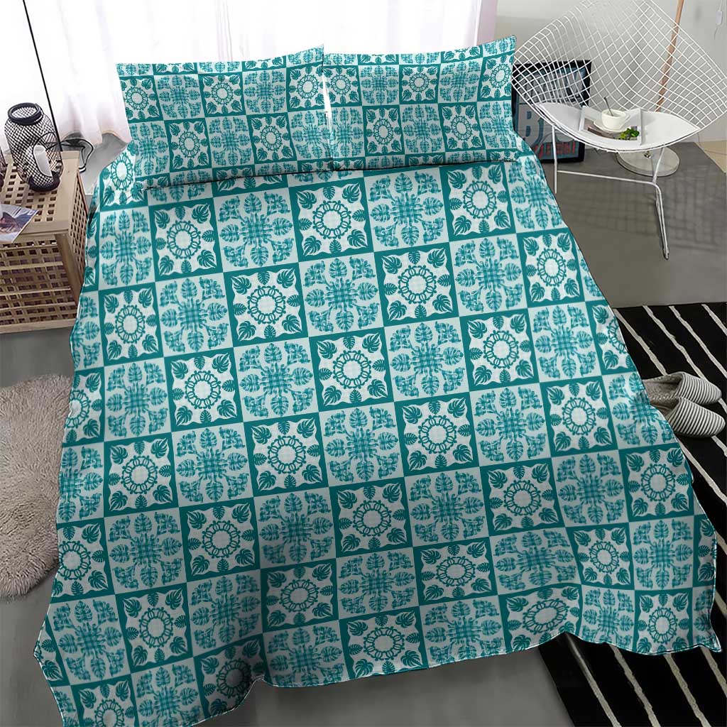 Cyan Palaka Quilt Hawaii Bedding Set Hawaiian Tropical Monstera Sea Turtle LT14 - Polynesian Pride