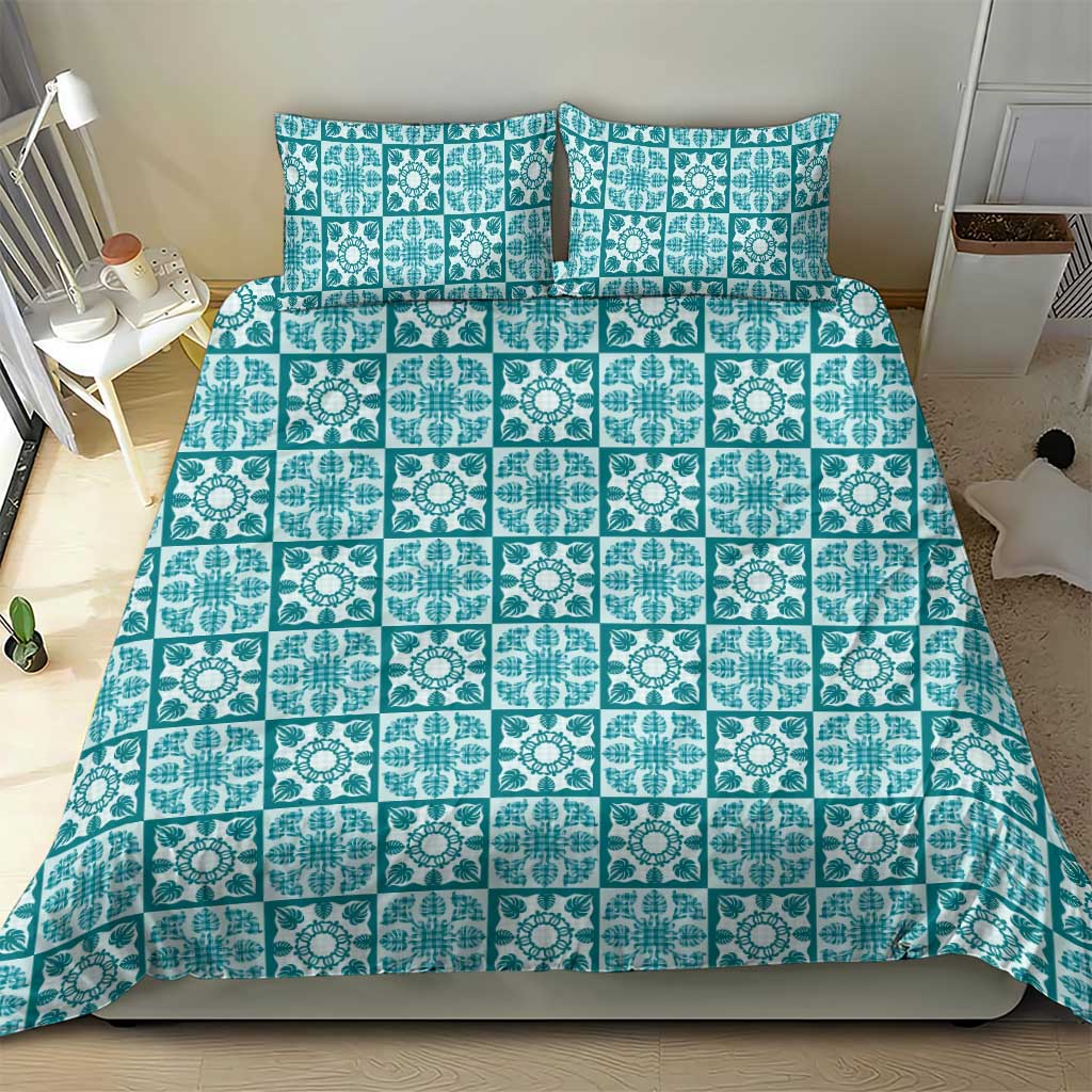Cyan Palaka Quilt Hawaii Bedding Set Hawaiian Tropical Monstera Sea Turtle LT14 - Polynesian Pride