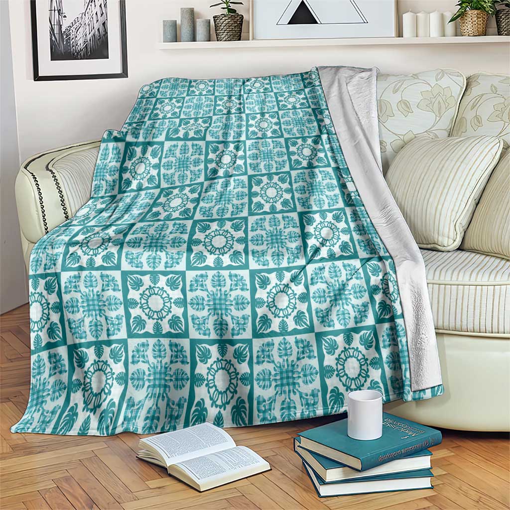Cyan Palaka Quilt Hawaii Blanket Hawaiian Tropical Monstera Sea Turtle