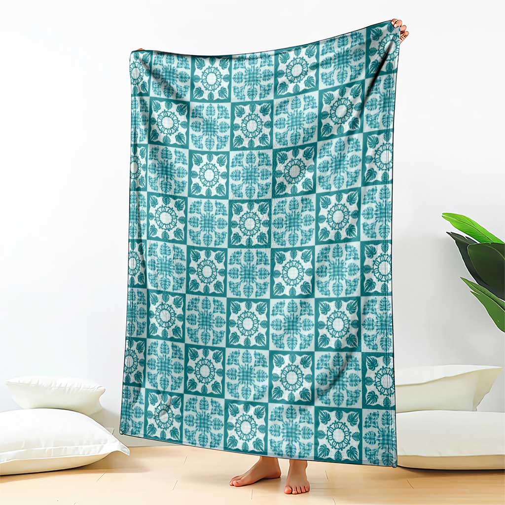 Cyan Palaka Quilt Hawaii Blanket Hawaiian Tropical Monstera Sea Turtle