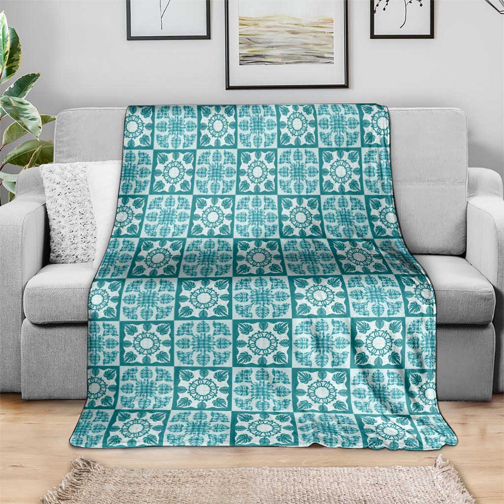 Cyan Palaka Quilt Hawaii Blanket Hawaiian Tropical Monstera Sea Turtle