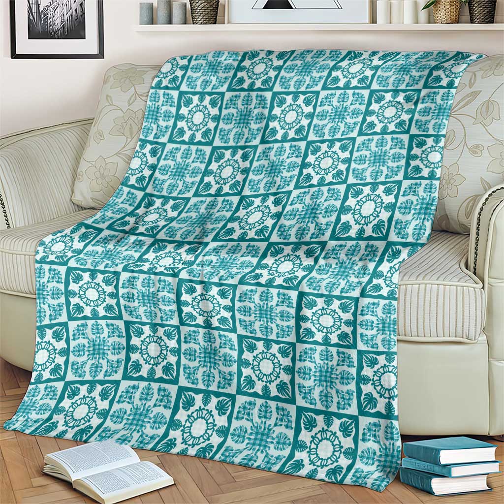 Cyan Palaka Quilt Hawaii Blanket Hawaiian Tropical Monstera Sea Turtle