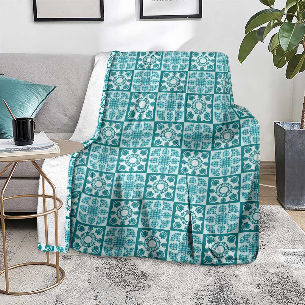 Cyan Palaka Quilt Hawaii Blanket Hawaiian Tropical Monstera Sea Turtle