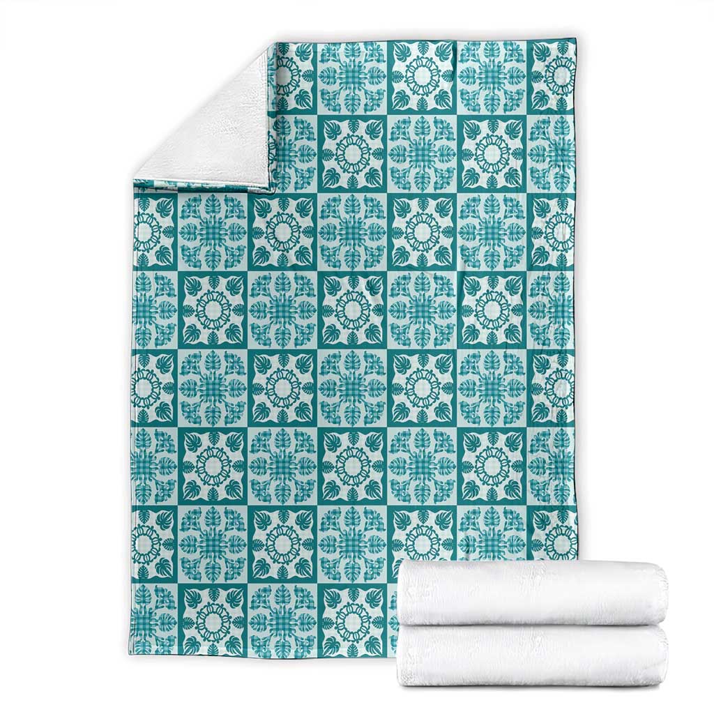 Cyan Palaka Quilt Hawaii Blanket Hawaiian Tropical Monstera Sea Turtle