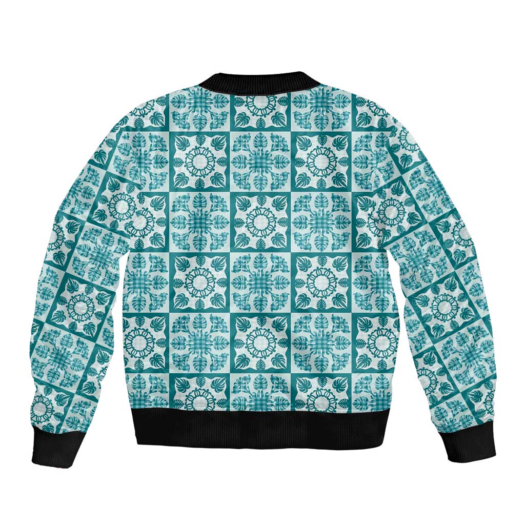 Cyan Palaka Quilt Hawaii Bomber Jacket Hawaiian Tropical Monstera Sea Turtle LT14 - Polynesian Pride