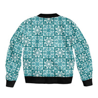 Cyan Palaka Quilt Hawaii Bomber Jacket Hawaiian Tropical Monstera Sea Turtle LT14 - Polynesian Pride