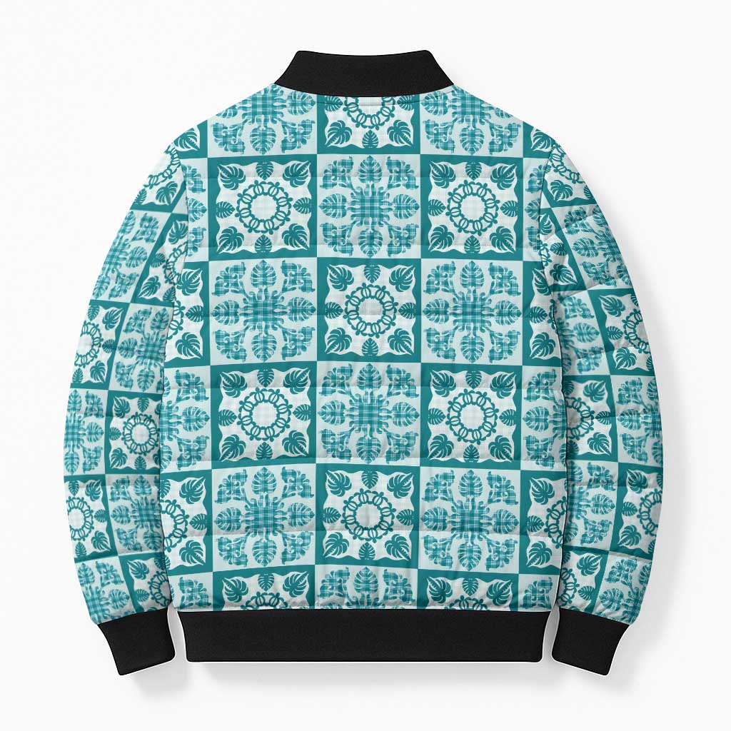 Cyan Palaka Quilt Hawaii Bomber Puffer Jacket Hawaiian Tropical Monstera Sea Turtle LT14 - Polynesian Pride