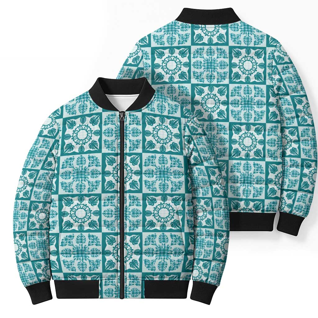 Cyan Palaka Quilt Hawaii Bomber Puffer Jacket Hawaiian Tropical Monstera Sea Turtle LT14 - Polynesian Pride