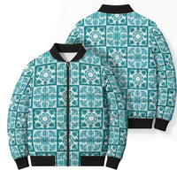 Cyan Palaka Quilt Hawaii Bomber Puffer Jacket Hawaiian Tropical Monstera Sea Turtle LT14 - Polynesian Pride