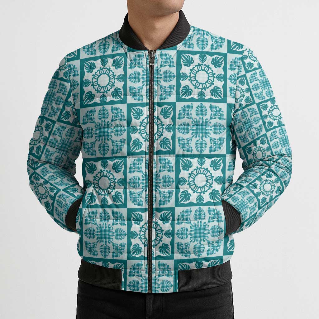 Cyan Palaka Quilt Hawaii Bomber Puffer Jacket Hawaiian Tropical Monstera Sea Turtle LT14 - Polynesian Pride