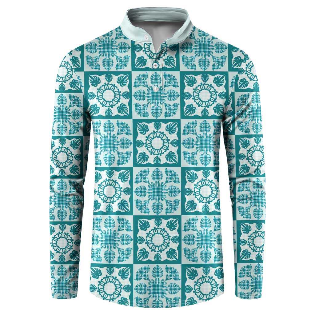 Cyan Palaka Quilt Hawaii Button Sweatshirt Hawaiian Tropical Monstera Sea Turtle LT14 Cyan - Polynesian Pride