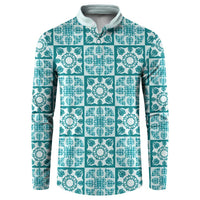 Cyan Palaka Quilt Hawaii Button Sweatshirt Hawaiian Tropical Monstera Sea Turtle LT14 Cyan - Polynesian Pride