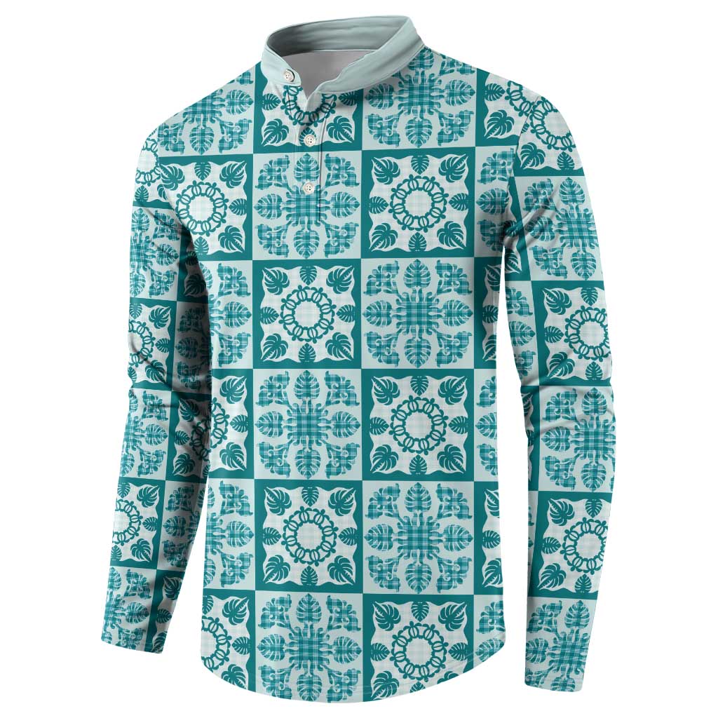 Cyan Palaka Quilt Hawaii Button Sweatshirt Hawaiian Tropical Monstera Sea Turtle LT14 - Polynesian Pride