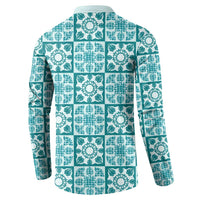 Cyan Palaka Quilt Hawaii Button Sweatshirt Hawaiian Tropical Monstera Sea Turtle LT14 - Polynesian Pride