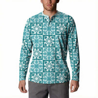 Cyan Palaka Quilt Hawaii Button Sweatshirt Hawaiian Tropical Monstera Sea Turtle LT14 - Polynesian Pride