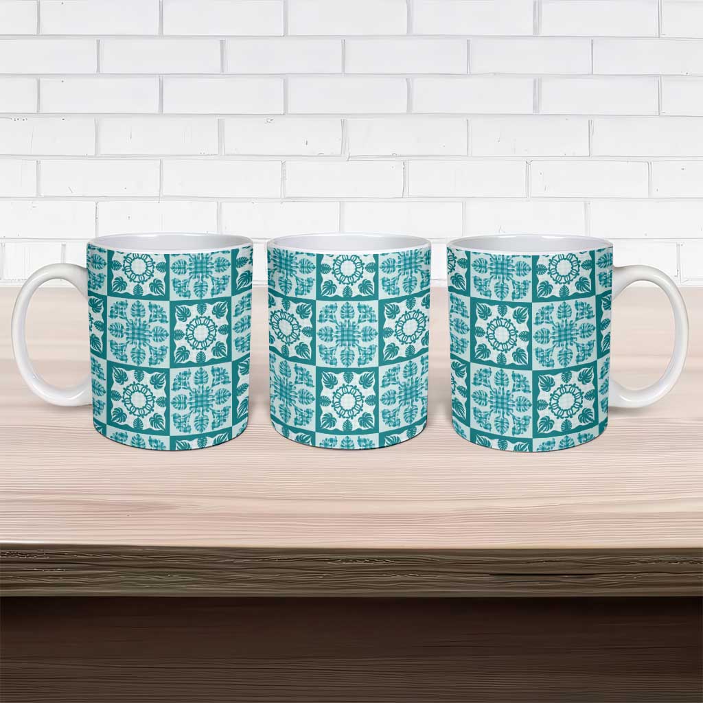 Cyan Palaka Quilt Hawaii Ceramic Mug Hawaiian Tropical Monstera Sea Turtle LT14 - Polynesian Pride