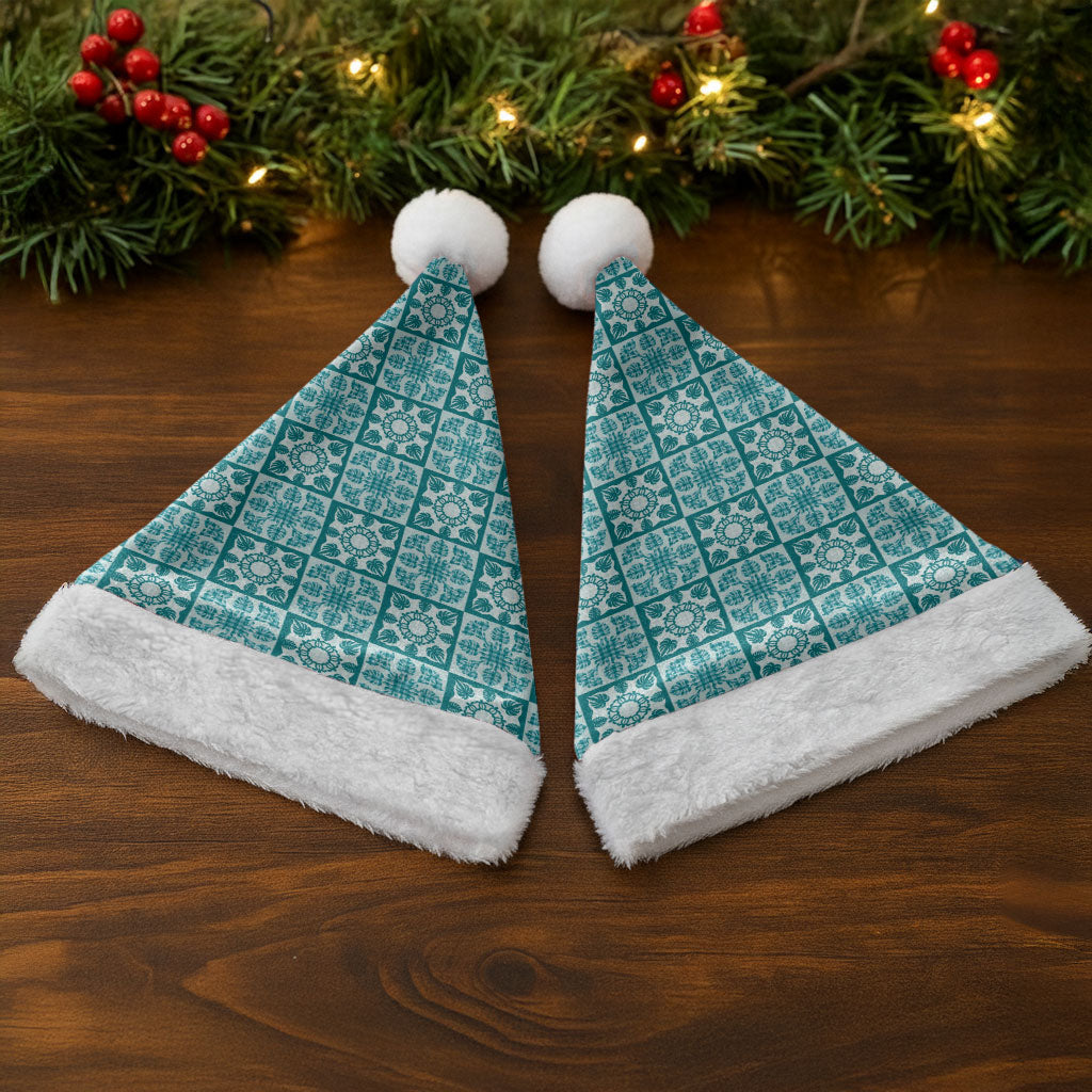 Cyan Palaka Quilt Hawaii Christmas Santa Hat Hawaiian Tropical Monstera Sea Turtle LT14 - Polynesian Pride