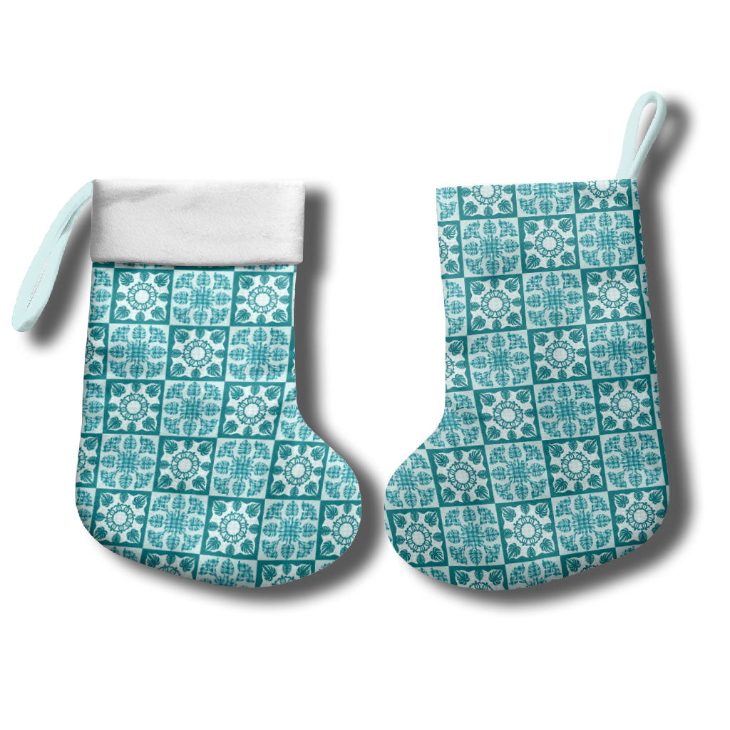 Cyan Palaka Quilt Hawaii Christmas Stocking Hawaiian Tropical Monstera Sea Turtle LT14 - Polynesian Pride