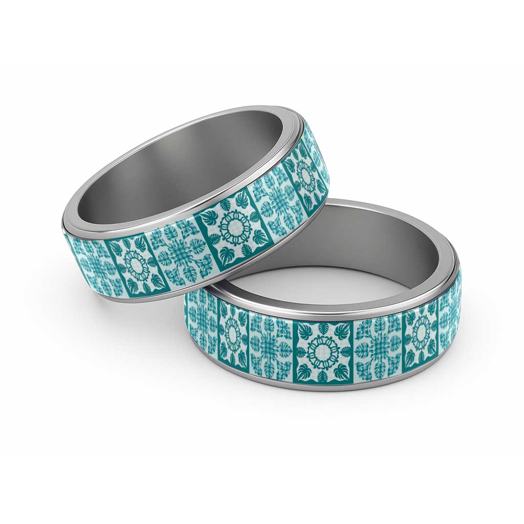 Cyan Palaka Quilt Hawaii Classic Ring Hawaiian Tropical Monstera Sea Turtle LT14 Sliver Cyan - Polynesian Pride
