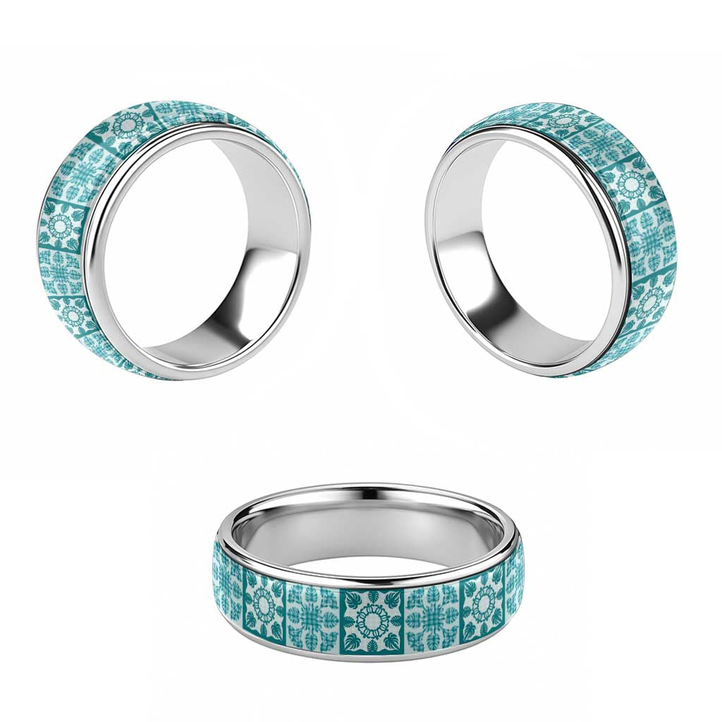 Cyan Palaka Quilt Hawaii Classic Ring Hawaiian Tropical Monstera Sea Turtle LT14 - Polynesian Pride