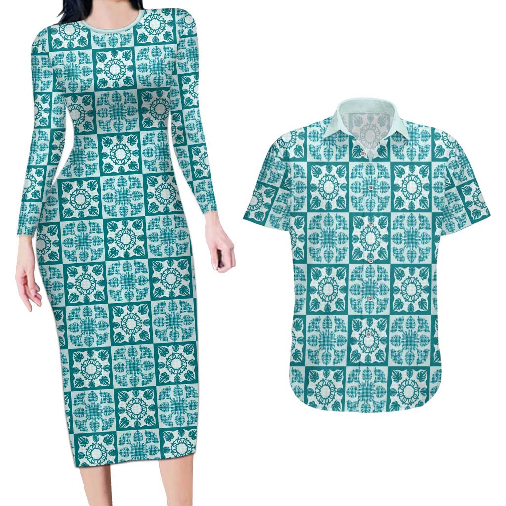 Cyan Palaka Quilt Hawaii Couples Matching Long Sleeve Bodycon Dress and Hawaiian Shirt Hawaiian Tropical Monstera Sea Turtle