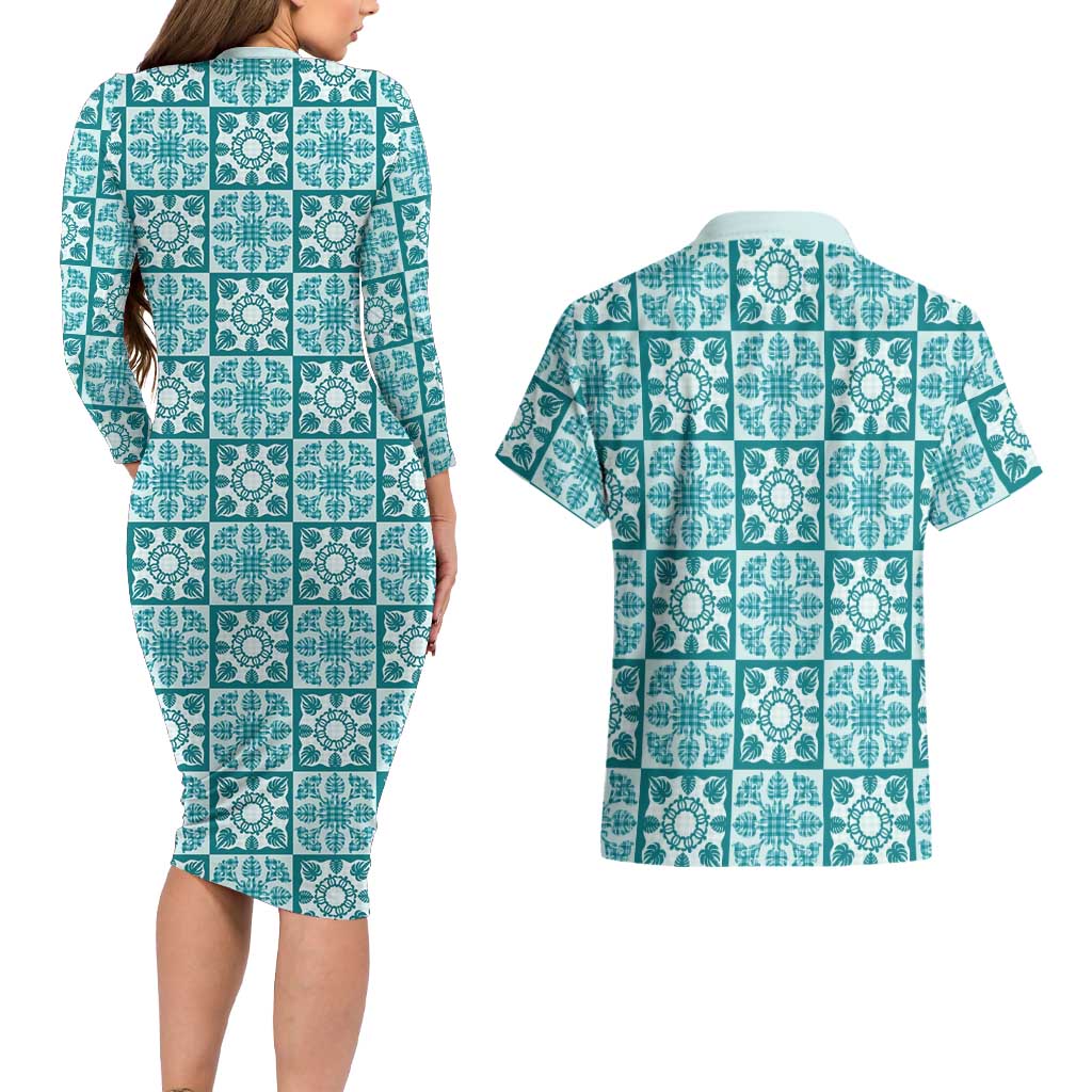 Cyan Palaka Quilt Hawaii Couples Matching Long Sleeve Bodycon Dress and Hawaiian Shirt Hawaiian Tropical Monstera Sea Turtle