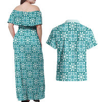 Cyan Palaka Quilt Hawaii Couples Matching Off Shoulder Maxi Dress and Hawaiian Shirt Hawaiian Tropical Monstera Sea Turtle