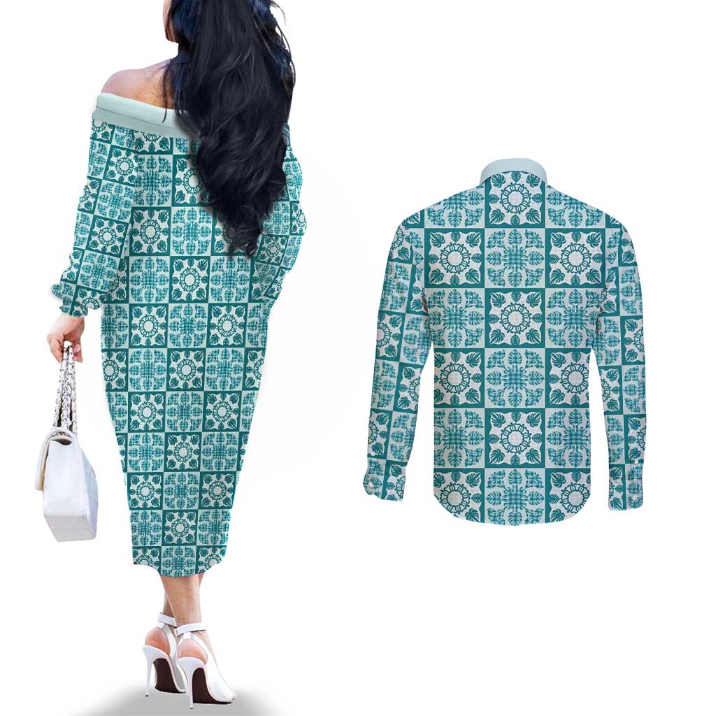 Cyan Palaka Quilt Hawaii Couples Matching Off The Shoulder Long Sleeve Dress and Long Sleeve Button Shirt Hawaiian Tropical Monstera Sea Turtle
