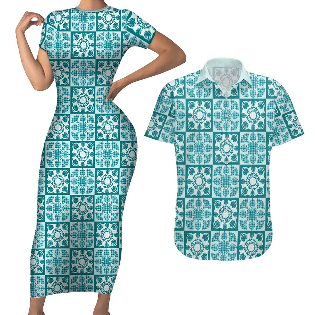 Cyan Palaka Quilt Hawaii Couples Matching Short Sleeve Bodycon Dress and Hawaiian Shirt Hawaiian Tropical Monstera Sea Turtle