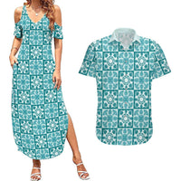 Cyan Palaka Quilt Hawaii Couples Matching Summer Maxi Dress and Hawaiian Shirt Hawaiian Tropical Monstera Sea Turtle