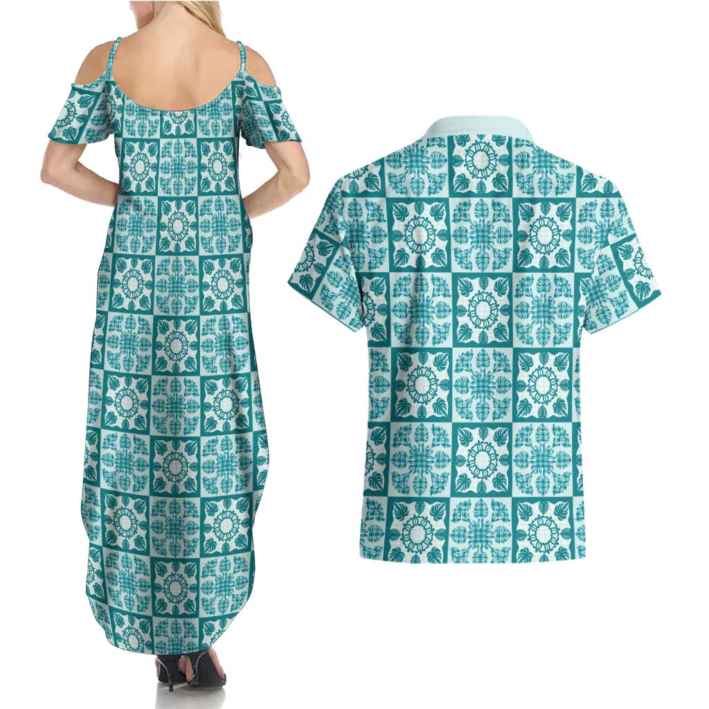 Cyan Palaka Quilt Hawaii Couples Matching Summer Maxi Dress and Hawaiian Shirt Hawaiian Tropical Monstera Sea Turtle