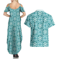 Cyan Palaka Quilt Hawaii Couples Matching Summer Maxi Dress and Hawaiian Shirt Hawaiian Tropical Monstera Sea Turtle