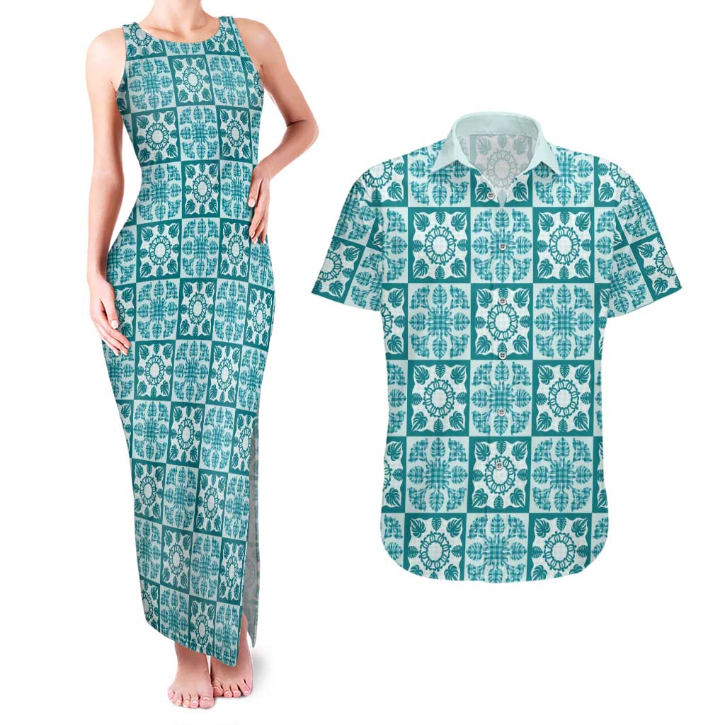 Cyan Palaka Quilt Hawaii Couples Matching Tank Maxi Dress and Hawaiian Shirt Hawaiian Tropical Monstera Sea Turtle