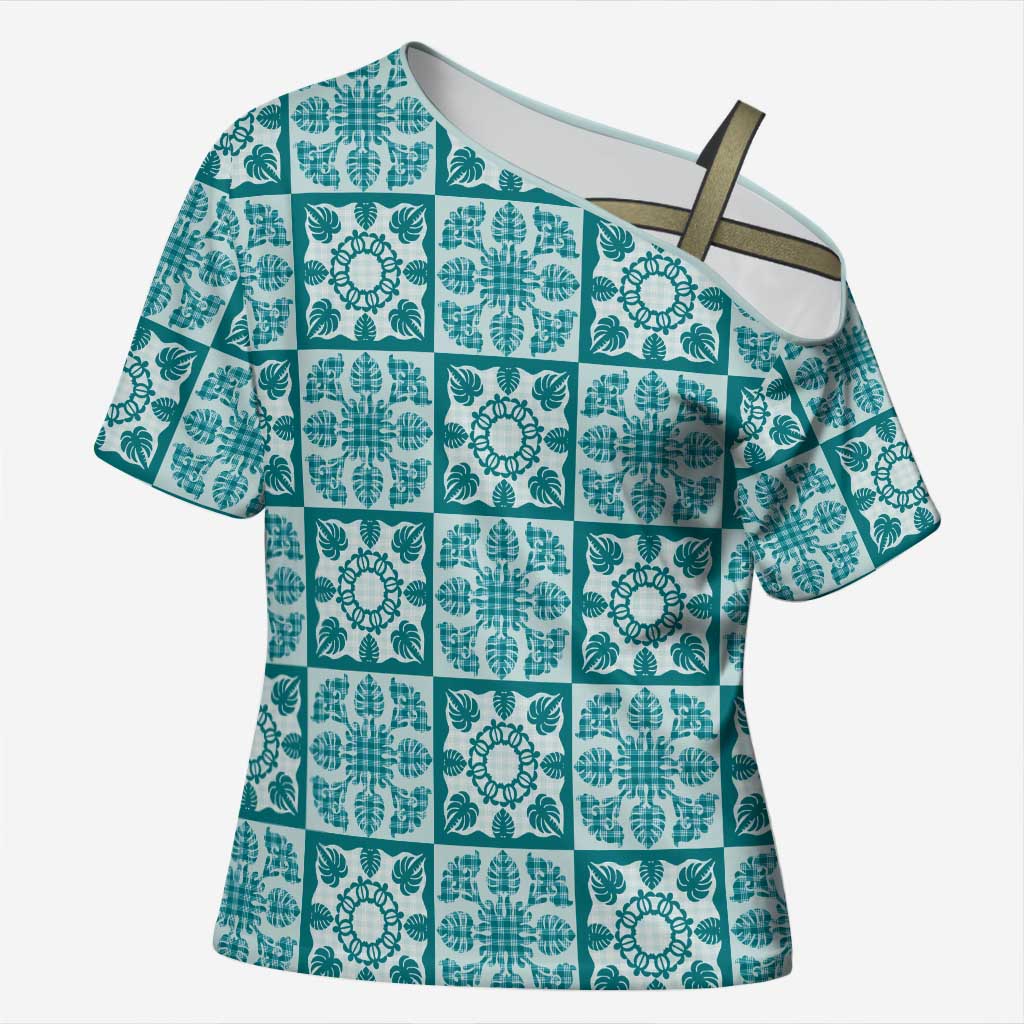 Cyan Palaka Quilt Hawaii Cross Shoulder Shirt Hawaiian Tropical Monstera Sea Turtle LT14 Female Cyan - Polynesian Pride