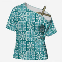 Cyan Palaka Quilt Hawaii Cross Shoulder Shirt Hawaiian Tropical Monstera Sea Turtle LT14 Female Cyan - Polynesian Pride