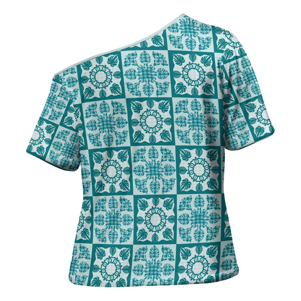 Cyan Palaka Quilt Hawaii Cross Shoulder Shirt Hawaiian Tropical Monstera Sea Turtle LT14 - Polynesian Pride