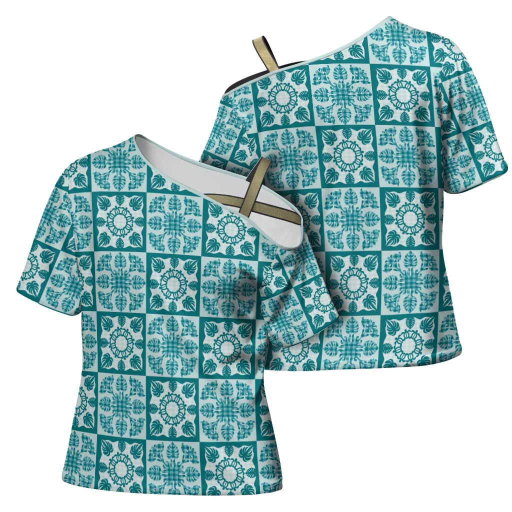 Cyan Palaka Quilt Hawaii Cross Shoulder Shirt Hawaiian Tropical Monstera Sea Turtle LT14 - Polynesian Pride