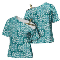 Cyan Palaka Quilt Hawaii Cross Shoulder Shirt Hawaiian Tropical Monstera Sea Turtle LT14 - Polynesian Pride