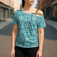 Cyan Palaka Quilt Hawaii Cross Shoulder Shirt Hawaiian Tropical Monstera Sea Turtle LT14 - Polynesian Pride