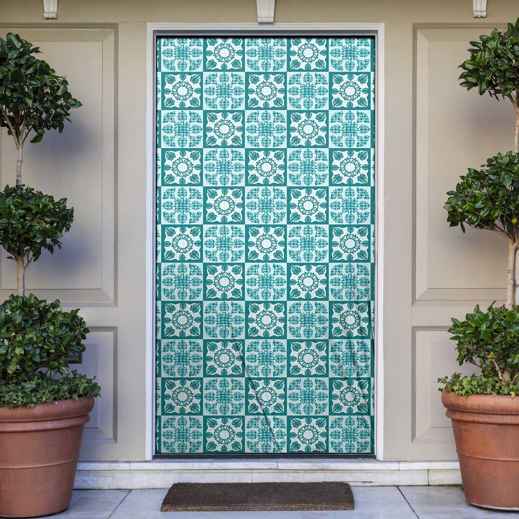 Cyan Palaka Quilt Hawaii Door Cover Hawaiian Tropical Monstera Sea Turtle LT14 Cyan - Polynesian Pride