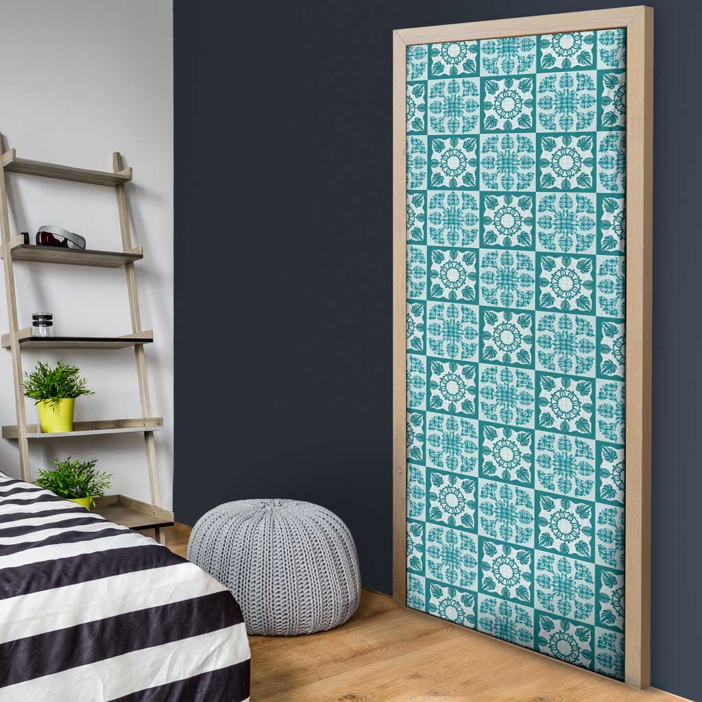 Cyan Palaka Quilt Hawaii Door Cover Hawaiian Tropical Monstera Sea Turtle LT14 - Polynesian Pride