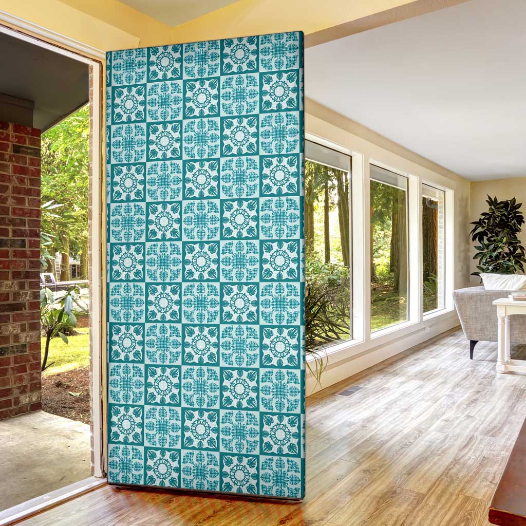 Cyan Palaka Quilt Hawaii Door Cover Hawaiian Tropical Monstera Sea Turtle LT14 - Polynesian Pride