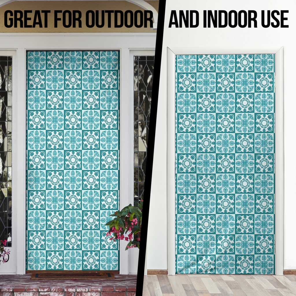 Cyan Palaka Quilt Hawaii Door Cover Hawaiian Tropical Monstera Sea Turtle LT14 - Polynesian Pride