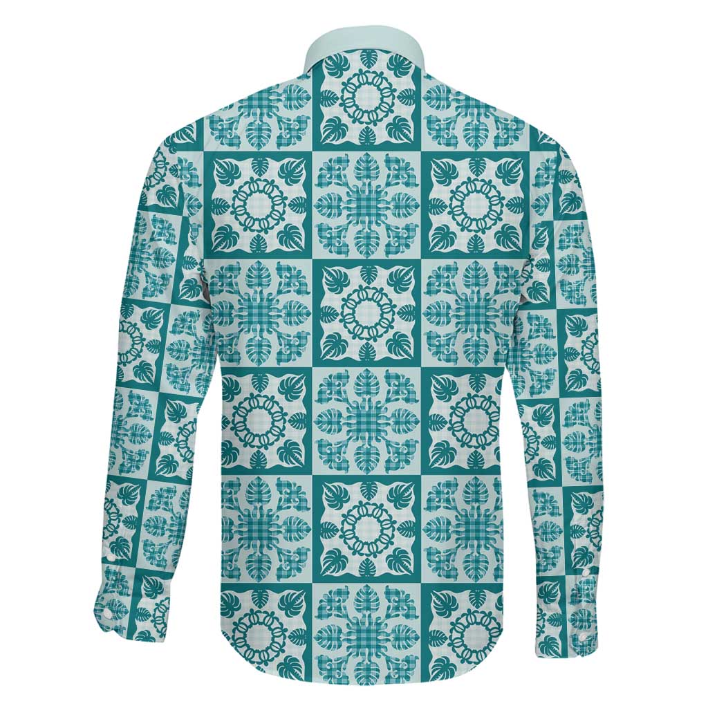 Cyan Palaka Quilt Hawaii Family Matching Off The Shoulder Long Sleeve Dress and Hawaiian Shirt Hawaiian Tropical Monstera Sea Turtle