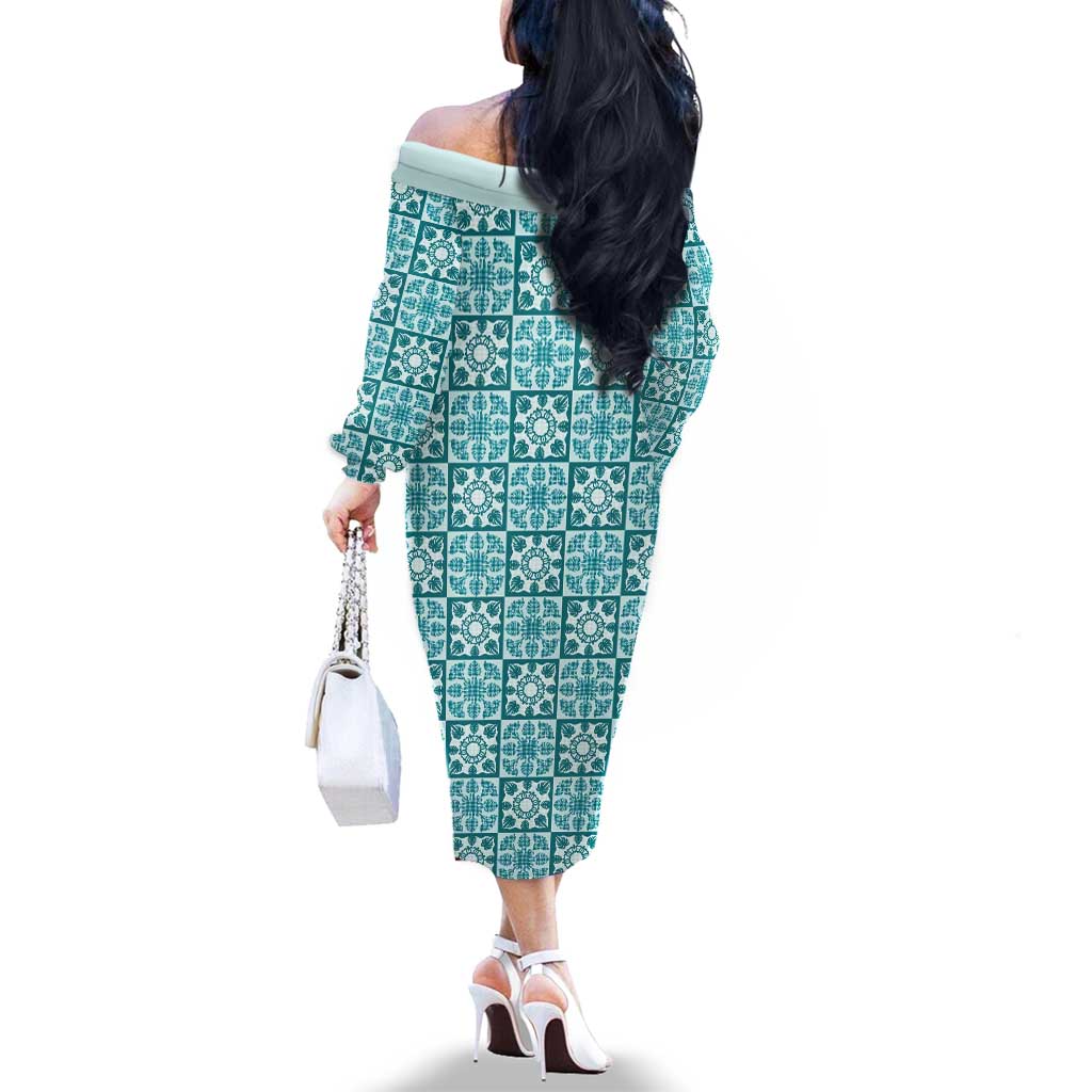 Cyan Palaka Quilt Hawaii Family Matching Off The Shoulder Long Sleeve Dress and Hawaiian Shirt Hawaiian Tropical Monstera Sea Turtle