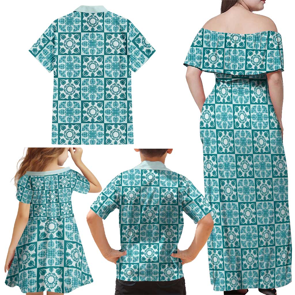 Cyan Palaka Quilt Hawaii Family Matching Off Shoulder Maxi Dress and Hawaiian Shirt Hawaiian Tropical Monstera Sea Turtle
